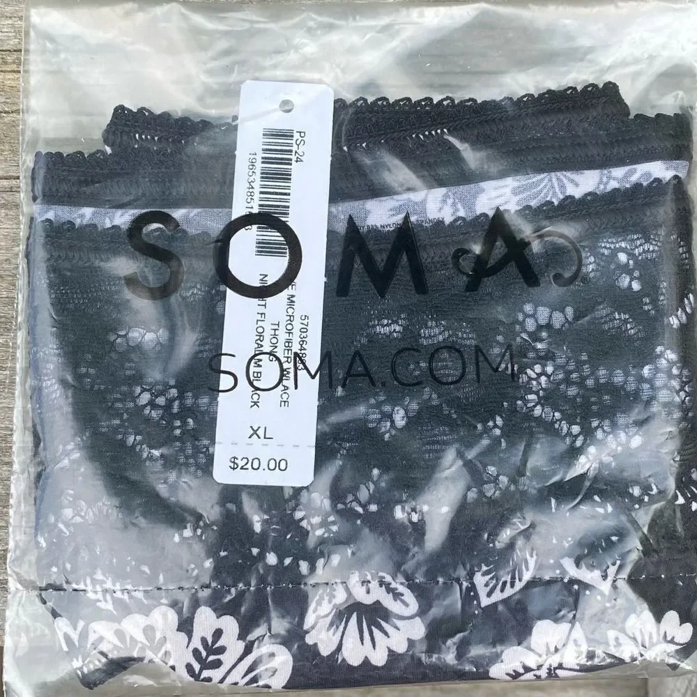 Soma Lace-Trim Thong Pair - Burgundy & Black Floral NWT